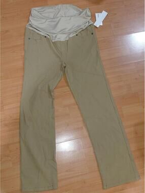 Oh Mamma Size 1X Maternity Pants Stretchy Brown/Tan Pockets 10" Rise Ohma